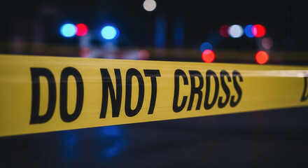 Caution tape reads 'Do Not Cross' for law enforcement, crime scene investigations and emergency response, creating drama, suspense, and intrigue