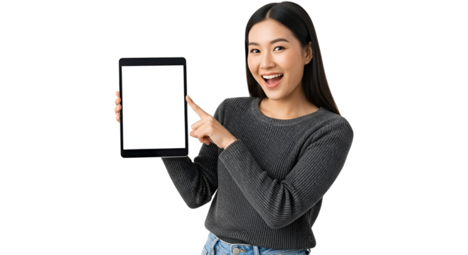 Cheerful Asian Woman Presenting Tablet Screen with Modern Digital Interface for Online Presentation Smiling Young Model Holding Tablet Computer and Demonstrating Interactive Application isolated