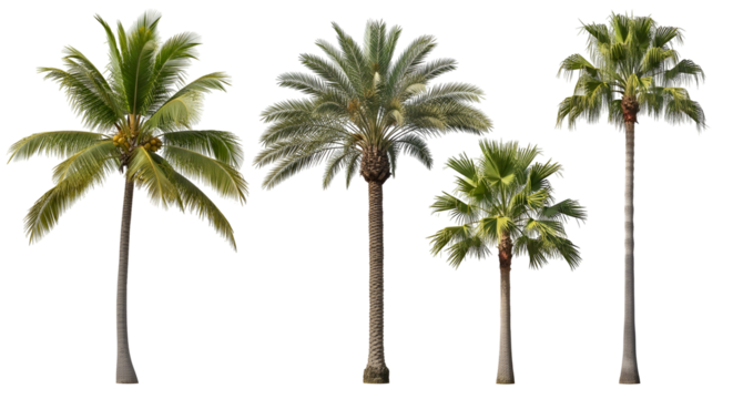 Tropical palm tree assortment on transparent background showcasing coconut phoenix and fan palms for landscape designs and summer themed projects highlighting exotic vegetation and holiday vibes,