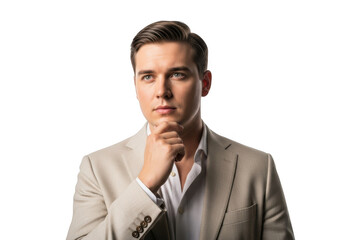 Thoughtful businessman in suit portrait posing hand on chin serious expression isolated on transparent background