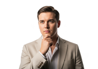 Thoughtful businessman in suit portrait posing hand on chin serious expression isolated on transparent background