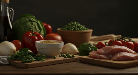 Fresh Vegetables and Meat on Wooden Board