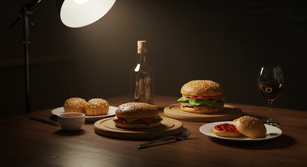 Burger and Other Food on a Wooden Table