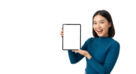 Enthusiastic Asian Woman Presenting a Blank Tablet Screen Isolated of Smiling Young Female Holding Up Tablet with White Display for Advertising Copy Space Tech Mockup Studio Shot