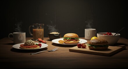 Food Table with Burger and Other Dishes