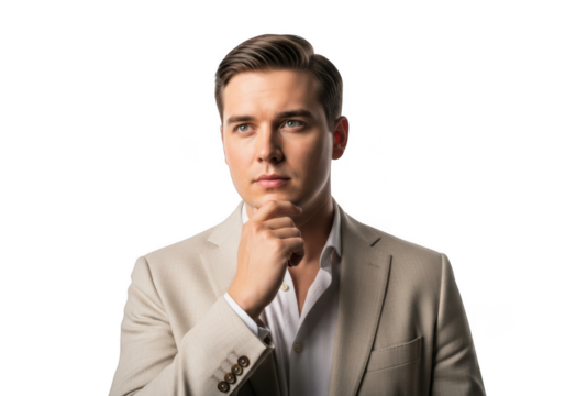Thoughtful businessman in suit portrait posing hand on chin serious expression isolated on transparent background