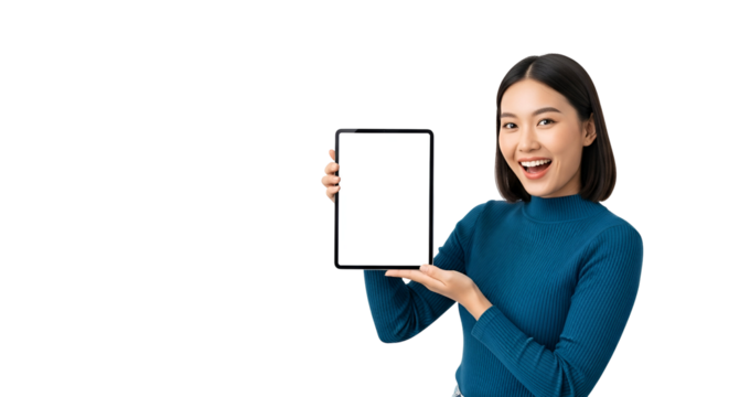 Enthusiastic Asian Woman Presenting a Blank Tablet Screen Isolated of Smiling Young Female Holding Up Tablet with White Display for Advertising Copy Space Tech Mockup Studio Shot
