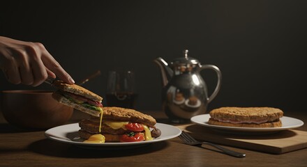 Sandwich Being Assembled with Sauce