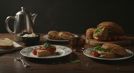 Sandwiches Tea and Cakes on Wooden Table