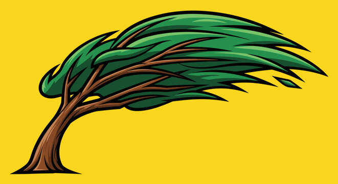 Dynamic tree bending in strong wind, an animated nature element evoking resilience, perfect for weather illustrations and nature-related designs with stylized leaves