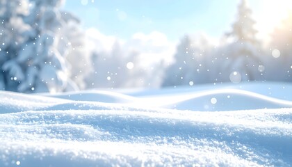 Bright, clear winter day landscape with white snow, blue sky, and a beautiful forest of trees