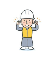 作業服を着てガッツポーズをする白いヘルメットの男性のイラスト素材