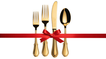 Golden cutlery and red ribbon, perfect for elegant holiday celebrations