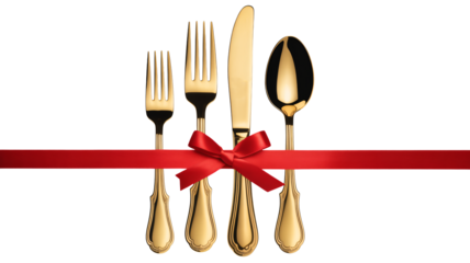 Golden cutlery and red ribbon, perfect for elegant holiday celebrations