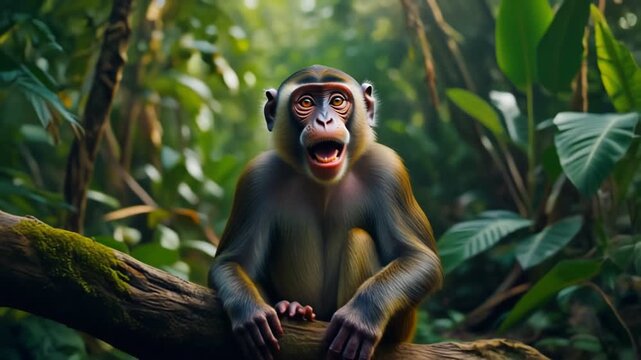 Close up of a monkey looking directly at the camera in a forest