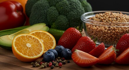Fresh Fruits and Vegetables on Wooden Surface