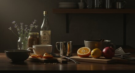 Still Life with Fruit and Drink on a Wooden Table