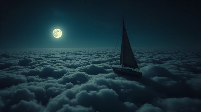 Escapist Night Scene with Boat Sailing Above the Clouds