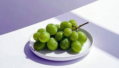 A bunch of ripe green grapes sits in a white bowl, casting shadows on a white and purple surface.