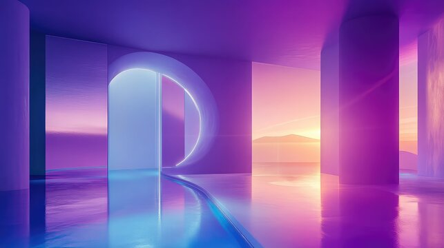 Futuristic surreal architecture with purple sunset reflection - Powered by Adobe