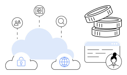 Cloud with icons for security, global access, media, and search connected to coins, user profile, and browser. Ideal for cloud storage, security, technology finance web service data analysis