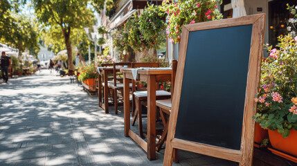 Outdoor cafe empty table chalkboard sign sidewalk summer flowers urban street sunlight wooden frame patio seating with inviting charm