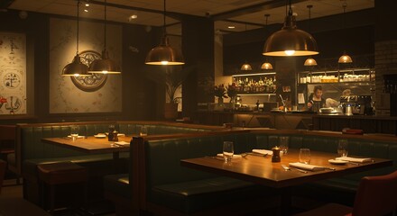 Restaurant Interior with Tables and Dim Lighting