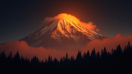 Majestic mountain peak illuminated by golden sunset light above dramatic clouds