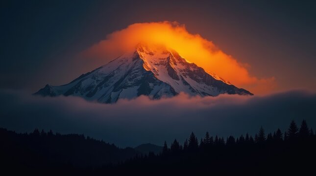 Majestic mountain peak illuminated by golden sunset light above dramatic clouds - Powered by Adobe