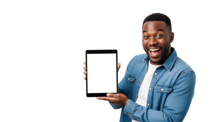 Enthusiastic African American Man Holding Tablet Computer with a Blank Screen Display Showing Content Marketing Solutions for Social Media Engagement Innovation in Modern Technology and Digital