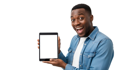 Excited African American Man Showing Digital Tablet with a Blank White Screen Wearing a Denim Shirt against a Black Background Presenting New Technology Mockup Design and Happy Expression