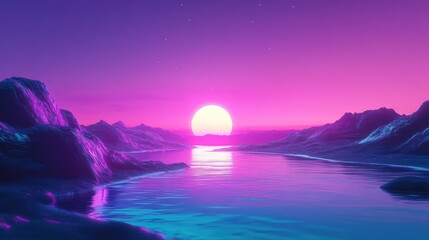 Synthwave sunset landscape with neon glow over water