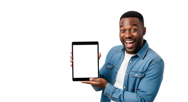 Enthusiastic African American Man Holding Tablet Computer with a Blank Screen Display Showing Content Marketing Solutions for Social Media Engagement Innovation in Modern Technology and Digital - Powered by Adobe