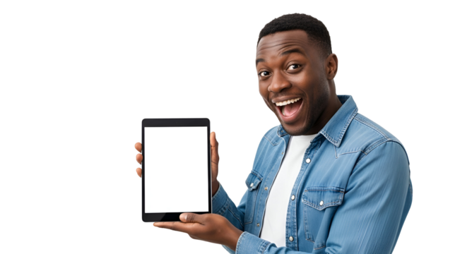 Excited African American Man Showing Digital Tablet with a Blank White Screen Wearing a Denim Shirt against a Black Background Presenting New Technology Mockup Design and Happy Expression