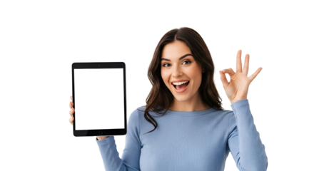 Smiling Woman Displaying Blank Tablet Screen Making OK Gesture for Marketing and Advertising in Technology Lifestyle and Business Success showing mobile app presentation holding portable device demo