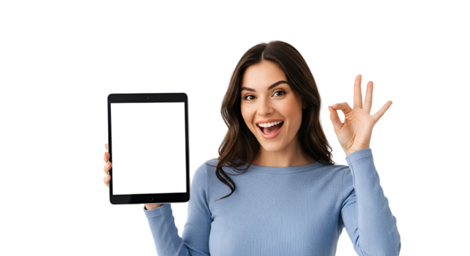 Smiling Woman Displaying Blank Tablet Screen Making OK Gesture for Marketing and Advertising in Technology Lifestyle and Business Success showing mobile app presentation holding portable device demo