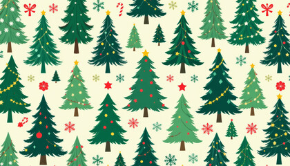 Christmas background green tree pattern festive holiday pine seamless ornament winter snowflake candy cane retro style joyful