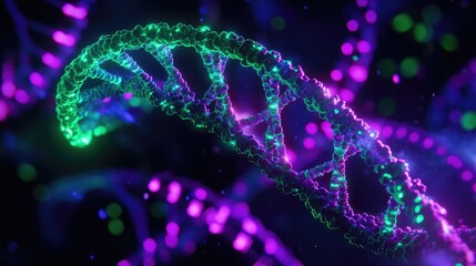Dna double helix structure glowing with neon lights, genetics concept