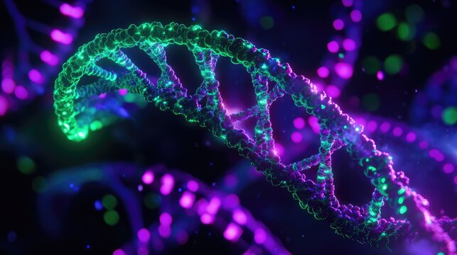Dna double helix structure glowing with neon lights, genetics concept