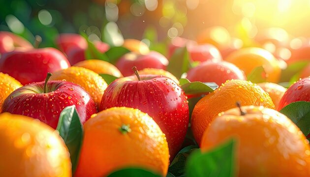 A vibrant close-up of ripe red apples and juicy oranges covered in water droplets, bathed in warm sunlight.