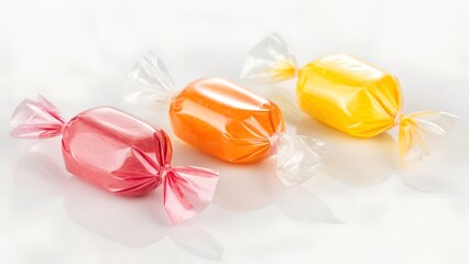 Three Wrapped Candies In Pink Orange And Yellow On A White Background