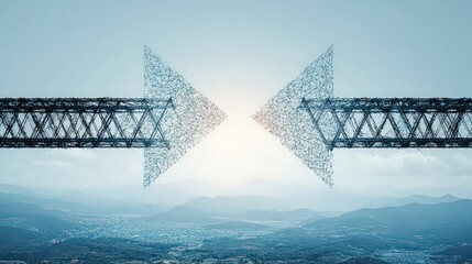 Abstract Digital Arrows Meeting over Cityscape with Mountain Range Against Cloudy Sky