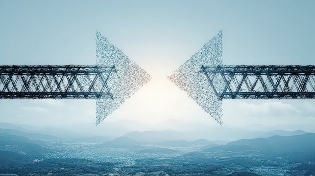 Abstract Digital Arrows Meeting over Cityscape with Mountain Range Against Cloudy Sky