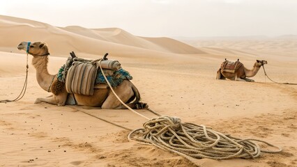 Fototapeta premium Two Camels Resting on Sand Dunes Under a Bright Sky in a Desert Landscape