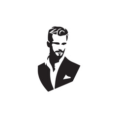 Black and White Handsome Man Illustration in Clean Vector Line Art Style on Minimal Background