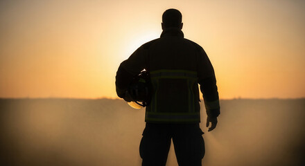Brave firefighter silhouetted against a stunning sunset, holding his helmet, embodying courage and dedication to community safety, a true hero at work
