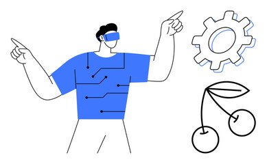 Man wearing VR headset pointing upward, circuitry-patterned shirt, large gear and cherry icons in abstract style. Ideal for technology, innovation, AI, creativity, virtual reality, futuristic