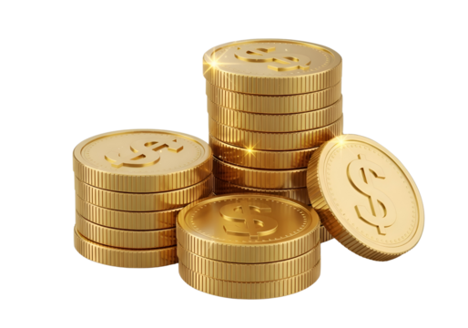 3d golden coin stack with sparkling highlights and smooth reflections isolated png