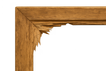 Wooden frame corner with damaged and splintered wood, showing rustic texture and weathered decay, transparent background