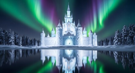 Enchanting Ice Castle Illuminated Under the Dazzling Aurora Borealis.